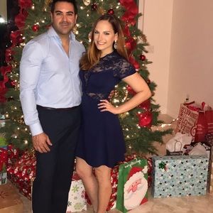 Express blue scuba dress with lace cutouts XS